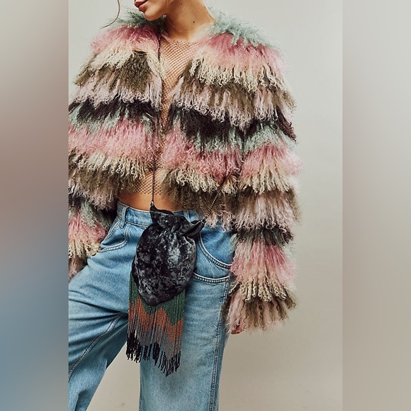 Free People Vintage Inspired Talk To Me Clutch Beaded Fringe Grey Velvet Pouch 🩶 - Picture 4 of 10